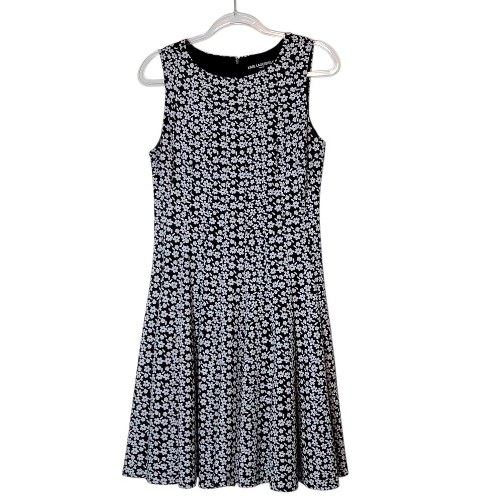 Karl Lagerfeld Paris Floral Fit and Flare Mini Dress Sleeveless Black White 8